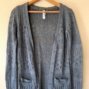 Cardigan Sweater M Granny Grey Pockets Open Knit Aeropostale